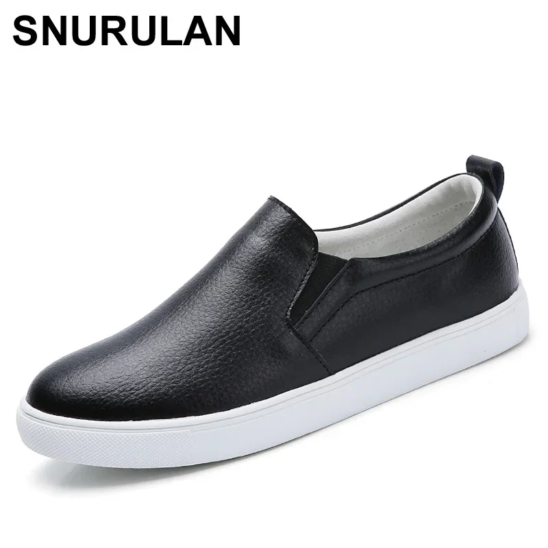 SNURULANwomen slip on shoes split cow leather platform loafers comfortable breathable womens flats walking shoes white black