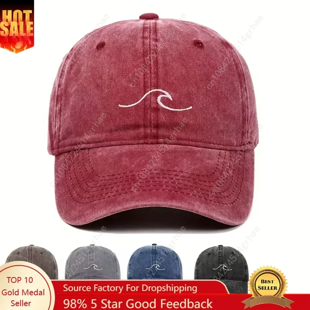 

1Pcs Neutral and Fashionable Wave Pattern Embroidered Baseball Cap, Retro Washed Duckbill Cap Suitable For Outdoor Sports