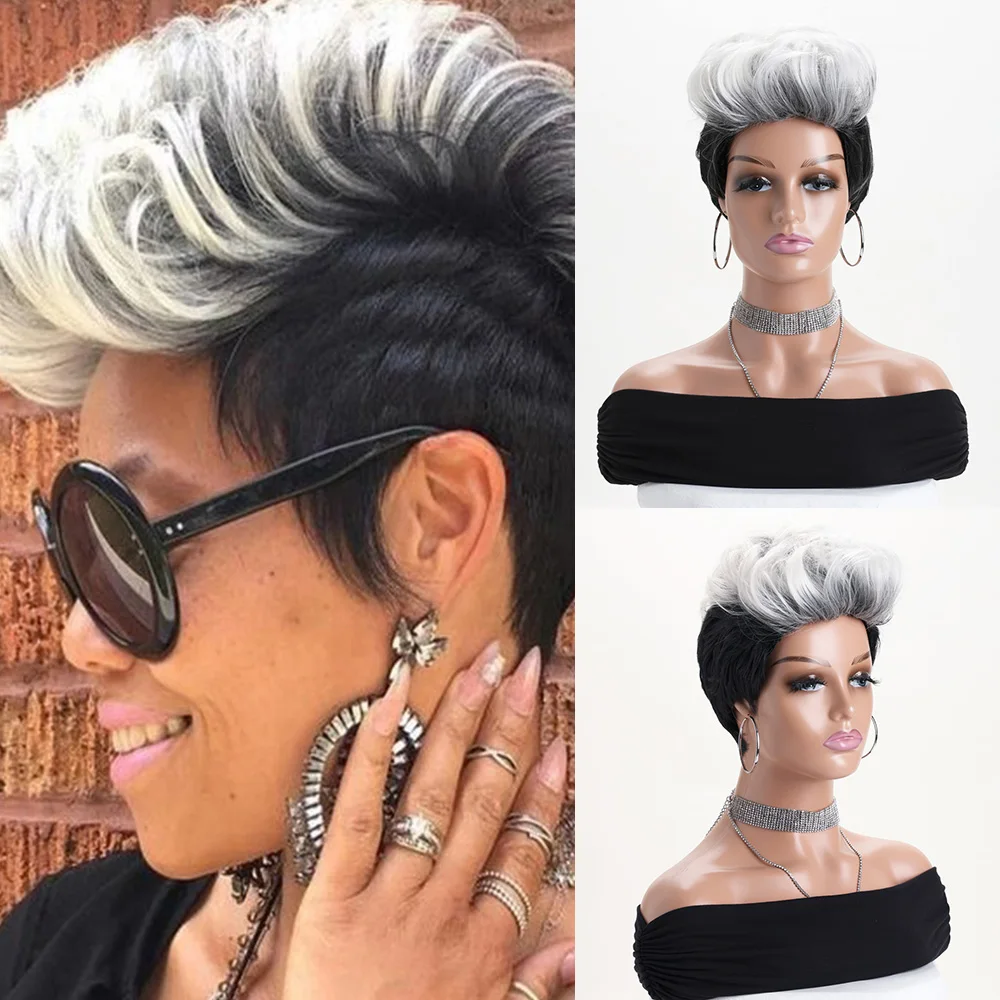 

10 Inch Curly Wig Synthetic Black Mixed With White Wig Hair For Women Suitable For Women's Daily Use Weddings Music Festival
