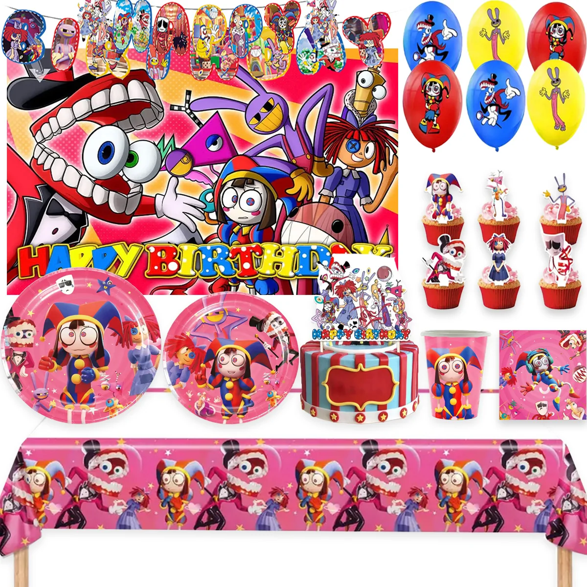 

The Amazing Digital Circus Theme Party Decoration Disposable Tableware Plates Cups Napkins Balloons Kids BIrthday Backdrop Gift