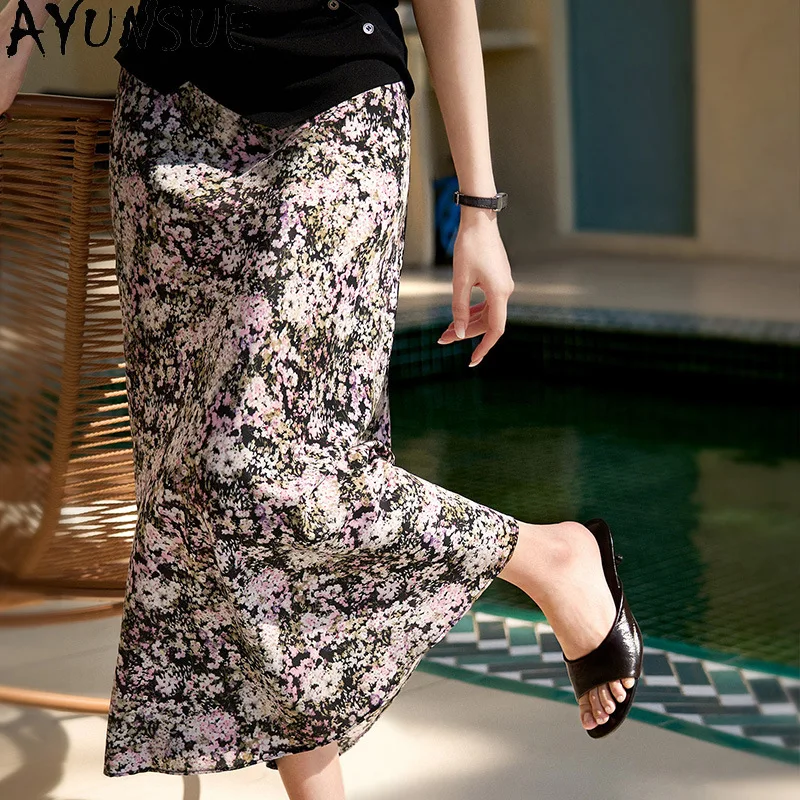 AYUNSUE 100% Silk Women's Skirts Stylish Floral Skirts for Women Vacation Style Mid-length Skirt Woman Clothes Summer Ropa Mujer