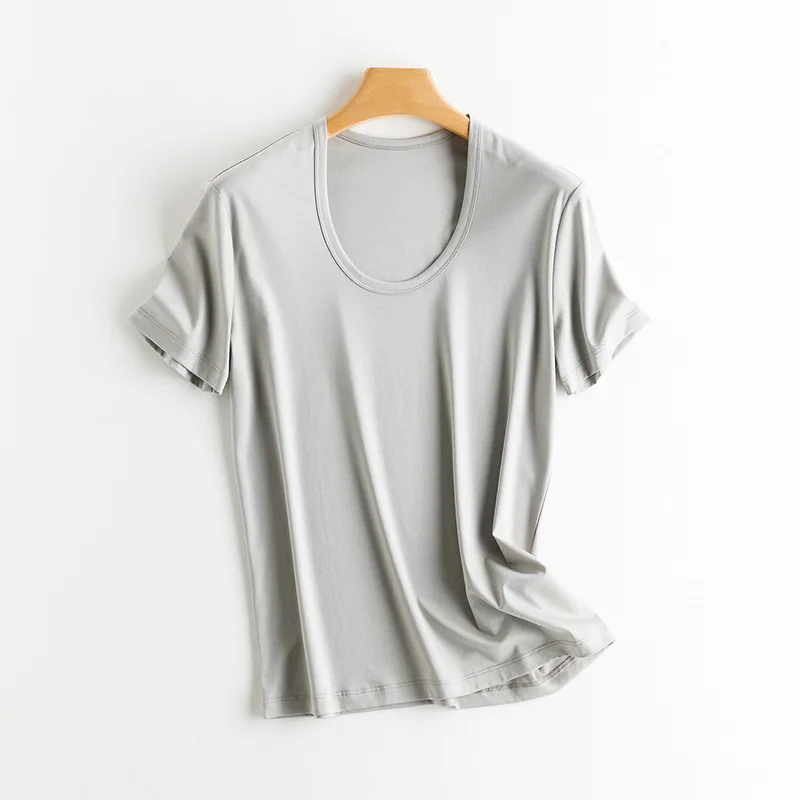 SuyaDream, Women Solid T Shirts, Silk Cotton Blend, Square Collar, Short Sleeved Tee, 2025 Summer Candy Colors Basic Cozy Top