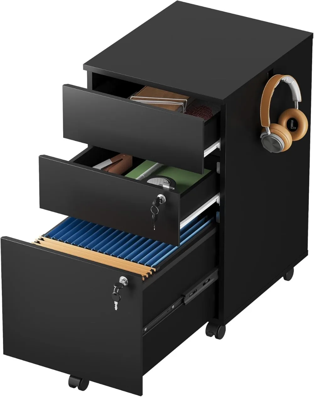 

3 Drawer File Cabinet with Lock, Small Rolling Filing Cabinet Under Desk, Wood Office Drawers Fits Letter/Legal, Customized
