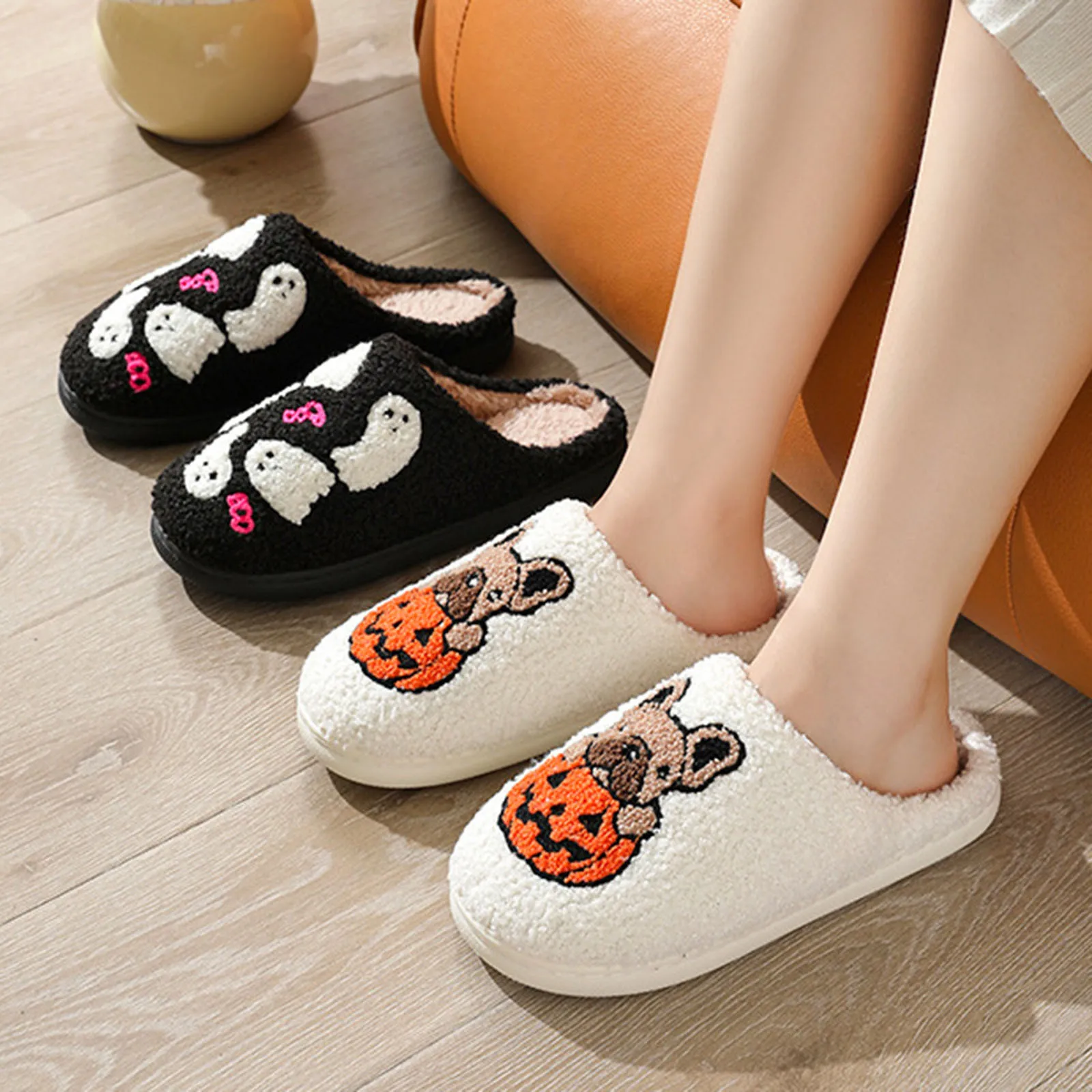 Couples Plush Slippers Men Women Halloween Furry Flat Home Winter Round Close Toe Keep Warm Cartoon Print Slipper Cotton Shoes