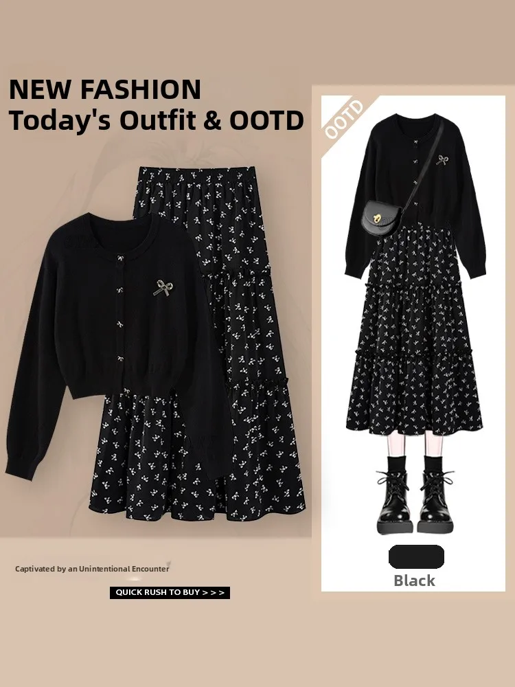 

Slimming Black Knitted Sweater And Floral Half-length Skirt Set Autumn Casual Loose Style Women's Fashion Two-piece Ensemble