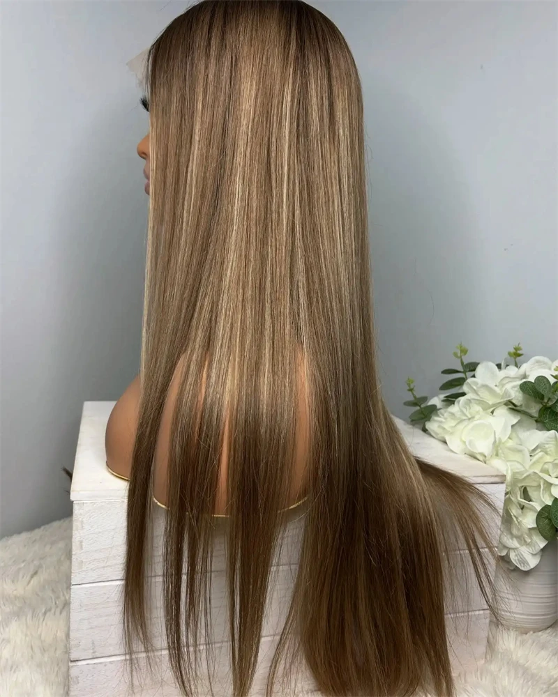 Long Straight Wig Ombre Brown Blonde Synthetic HD Lace Front Wig with Roots Natural Preplucked Hairline Human Hair Blend Wigs