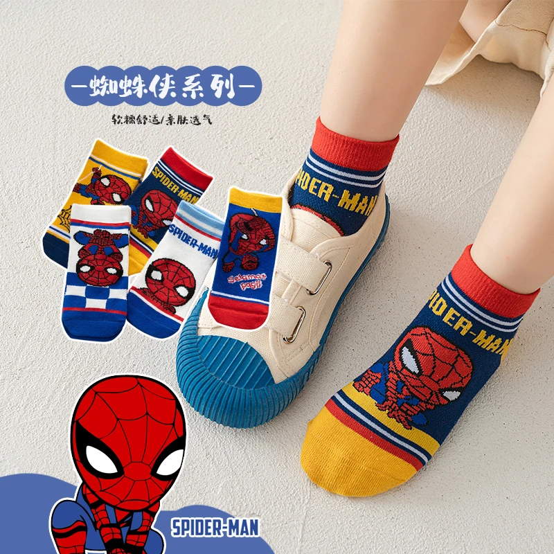 5 Pairs Kids Socks Spring Summer Spiderman Anime Children Socks Boys Short Sock Cartoon Iron Man Captain America Baby Mesh Socks