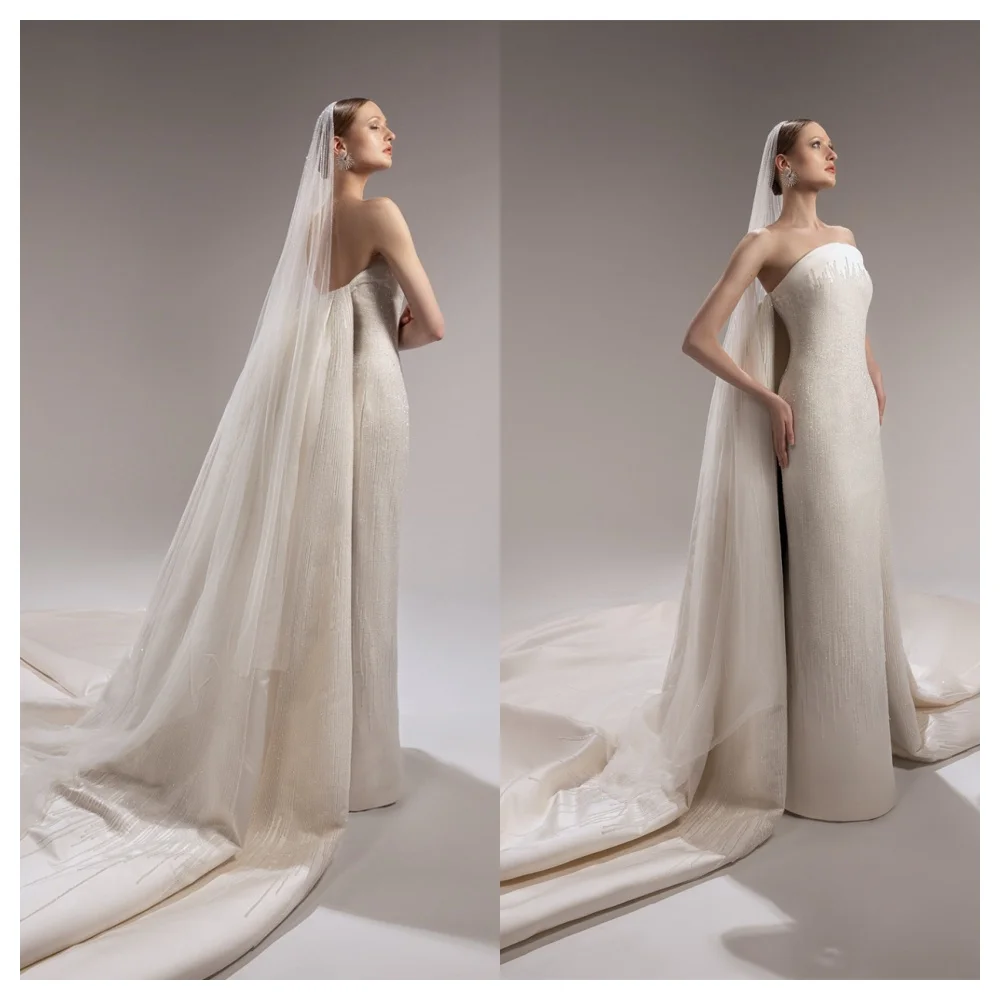 

Customized Exquisite White Jersey Prom Dress Delicate Strapless Sleeveless Wedding Dress High Quality Straight Vestido