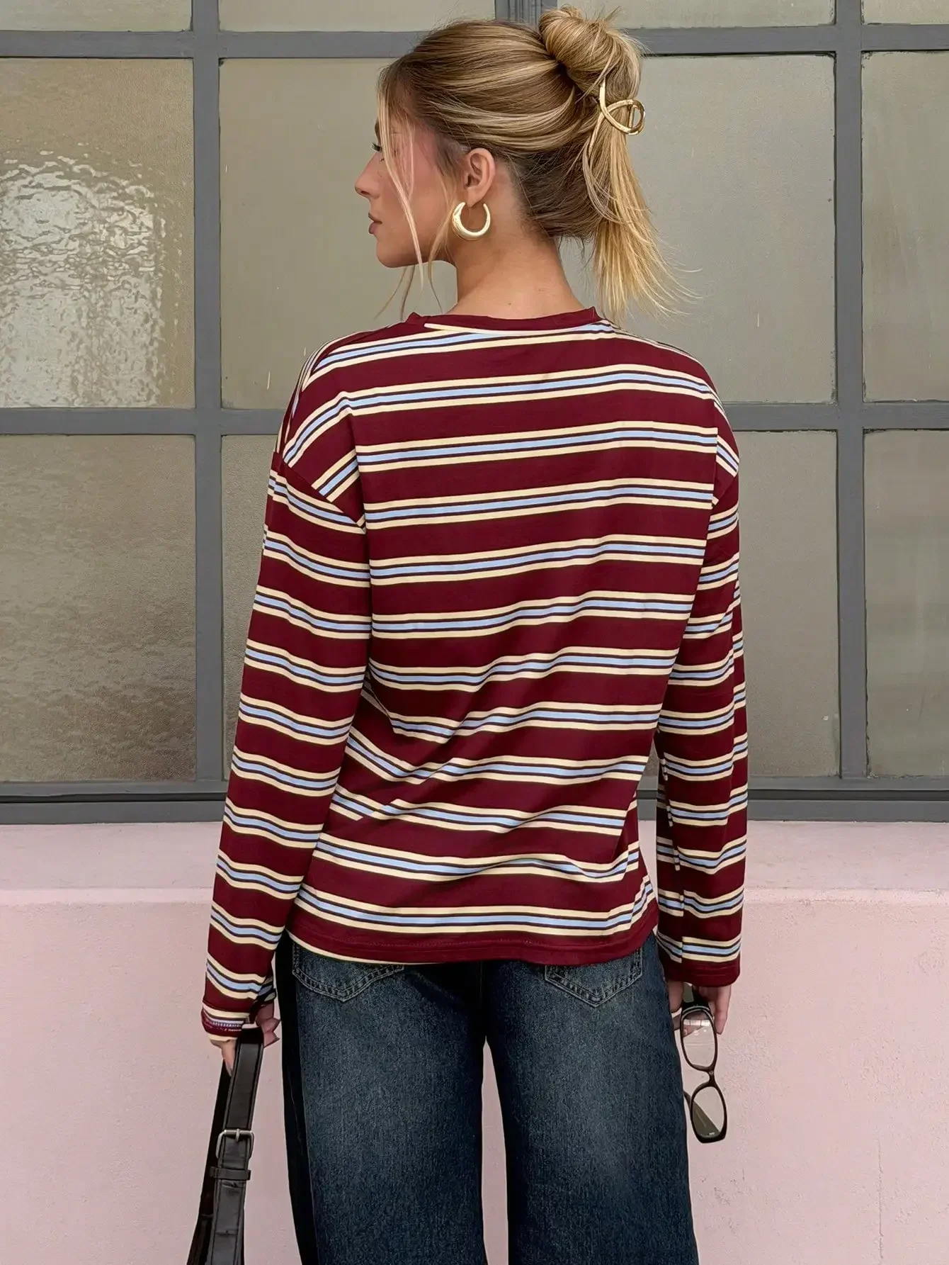 2026 Women Striped Long Sleeve T-Shirt, Fall Winter Loose Crew Neck Top, Soft Faux Cotton Oversized Casual Daily Blouse view 2