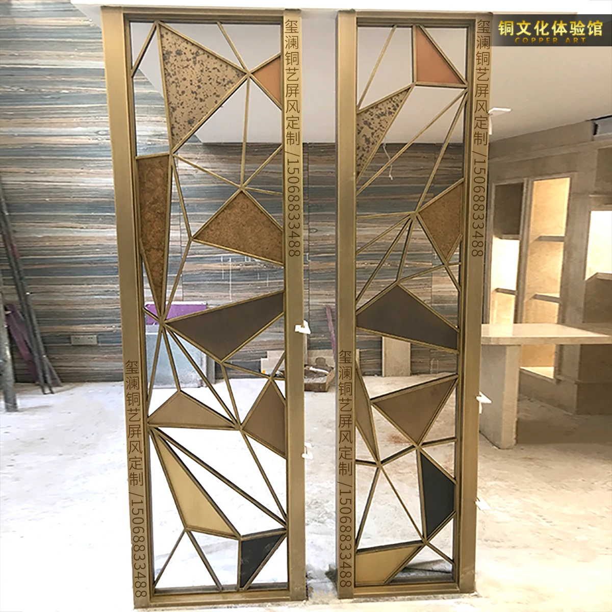 Rotatable screen partition porch American-style villa living room light luxury metal hollow lattice copper carving