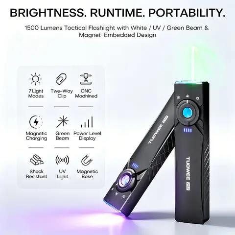 Multi-Function EDC Flashlight with 365nm UV, Green Beam, 7 Light Modes & Hands-Free Magnetic Design