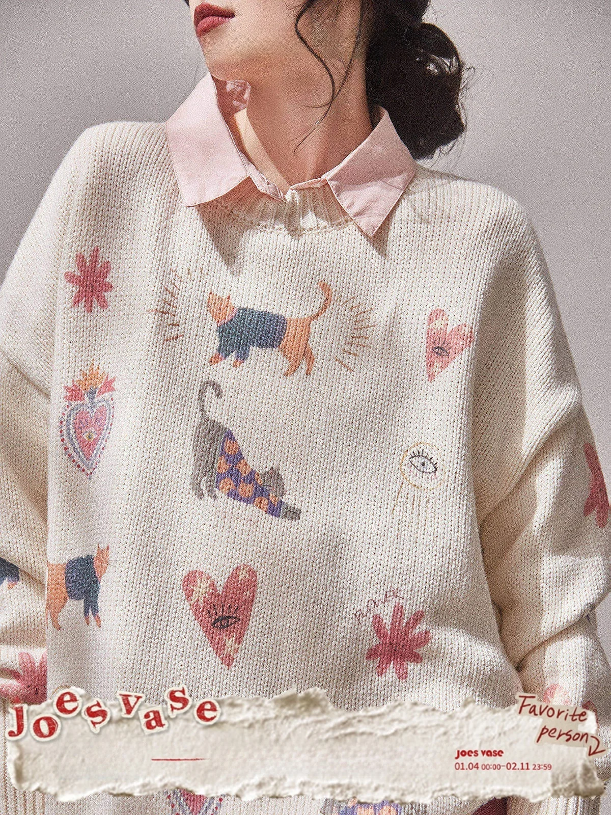 

White Knitted Print Sweater Women's Autumn New Sle Jiaohuazun LAB And Flower Heart Design Comfortable Warm Long Sve Top