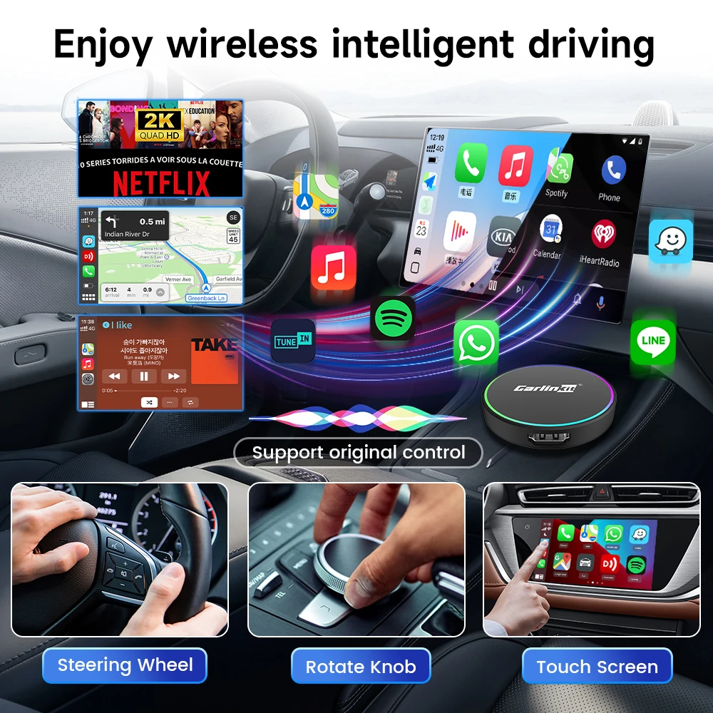 CarlinKit MINI HD2CP Pro Wireless CarPlay AI Box Android Auto TV Box 2025 جديد 2K HD HDMI مدخل دونغل لموسيقى Youtube Netfliex