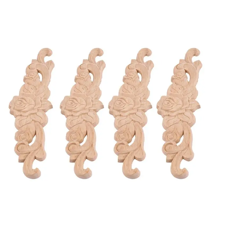 ABKS-12Pcs 20 X 5Cm Rubber Wood Carved Long Onlay Applique Unpainted Rose Flower Door Home Decor European Style