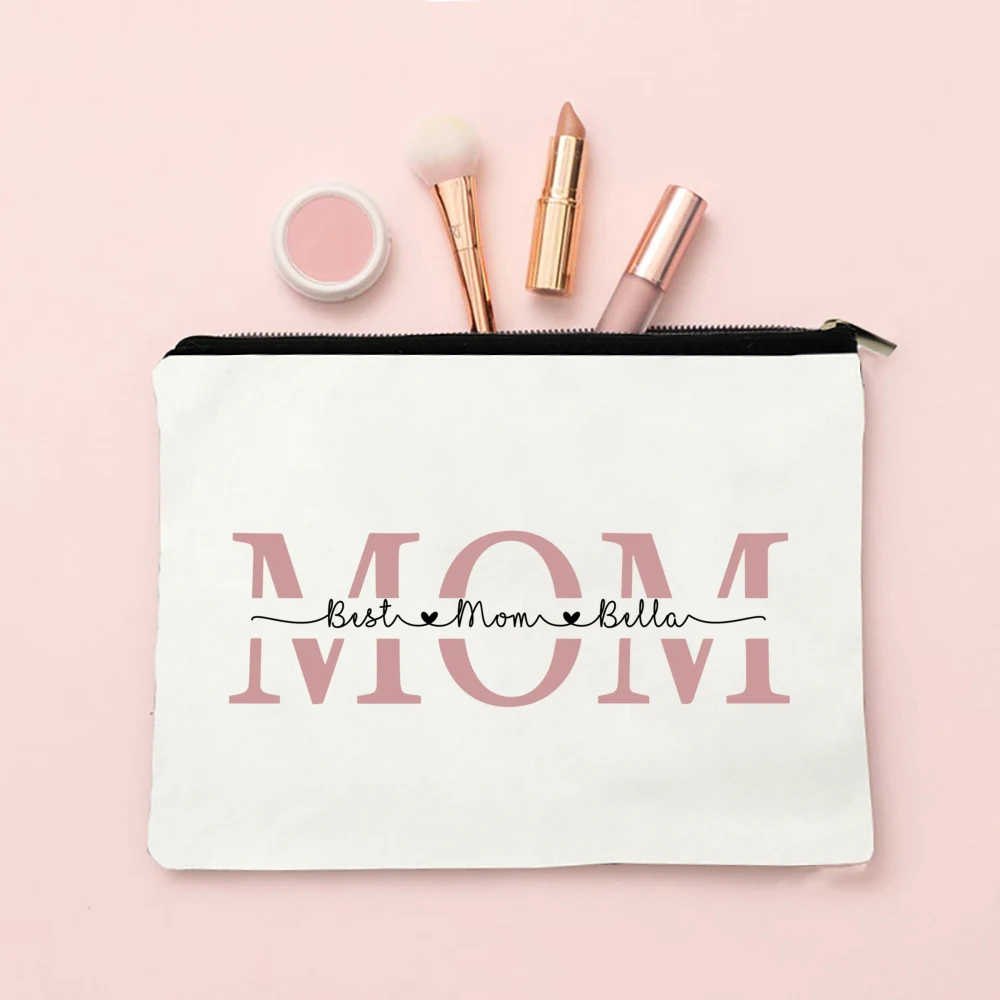 Personalized Best Mom Makeup Bag Custom Name Cosmetic Case Canvas Monogram Toiletry Pouch Birthday Mother\'s Day Gifts for Mama