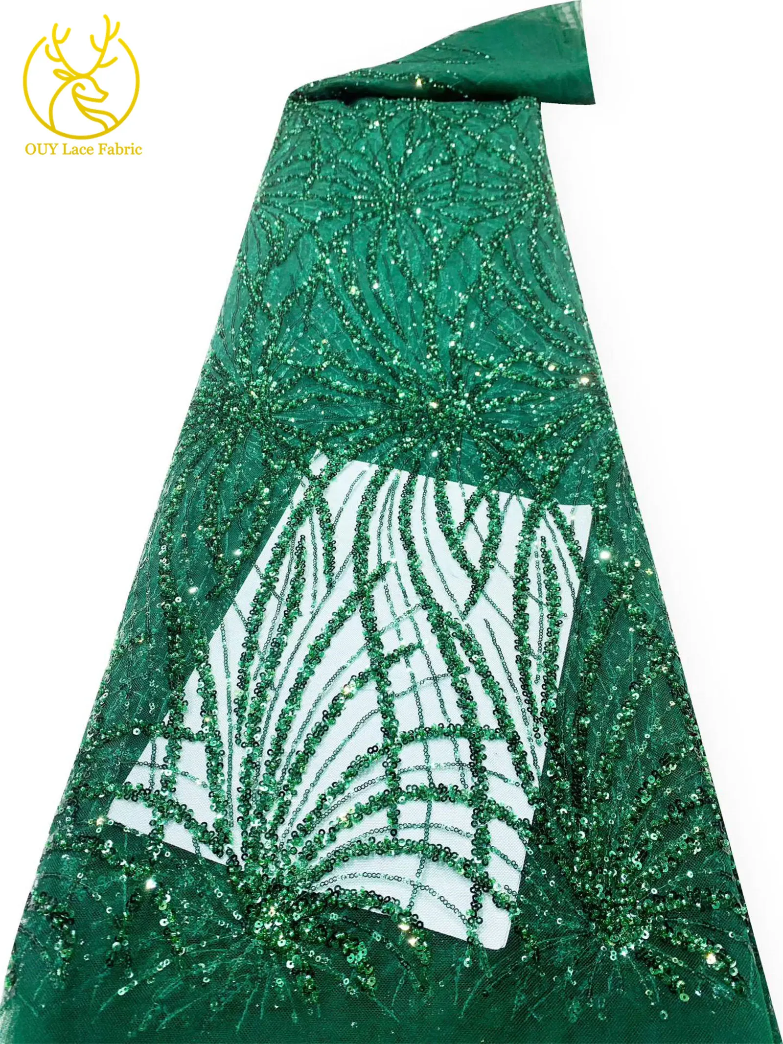 Grüner afrikanischer Perlen-Pailletten-Spitzenstoff, heiß begehrter französischer nigerianischer Tüll-Mesh-Stickerei-Spitzenstoff für Abendkleider – Detail 6