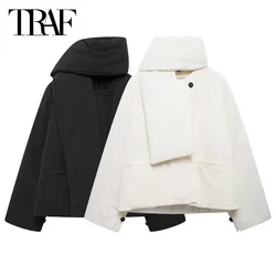 TRAF Damska pikowana kurtka Crop Parkas Woman White Black Odzież wierzchnia Krótka ocieplana kurtka Odpinany szalik Ciepłe zimowe płaszcze damskie