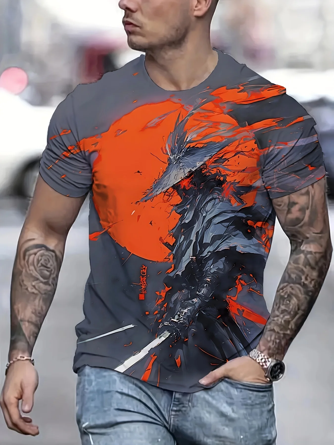 Men's Japanese Samurai Warrior Sun Graphic T-Shirt
