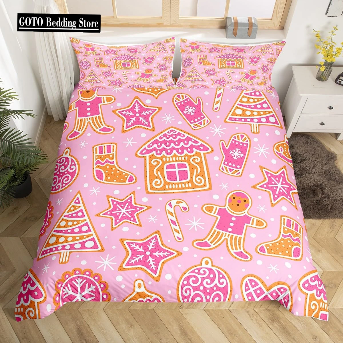 

Gingerbread Man Xmas Theme Duvet Cover Christmas Comforter Cover Cartoon Snowman Christmas Tree Bedding Set Pink Quilt Cover