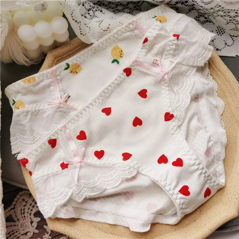 SP&CITY Fruit Print Cotton Lace Cute Panties Women\'s Traceless Bow Strawberry Underwear Low Waist Breathable Seamless Briefs