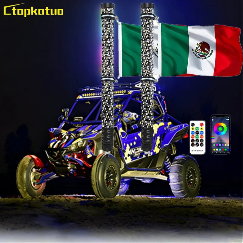 2PCS 2FT/60CM Antenna Whips Lights LED RGB Lighted Remote Control Flagpole Lamp for Truck RZR UTV ATV Off Road Sand Buggy Dune