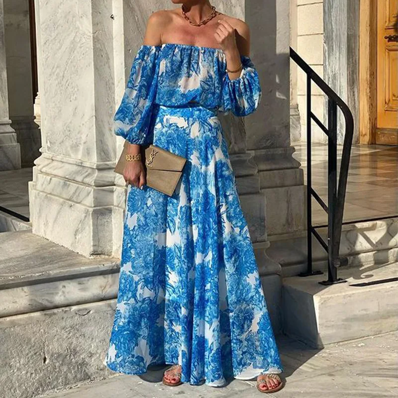 

Summer Printed One Shoulder Beach Dress For Women Fashion Long Sleeve Skirt Casual Strapless Blue Bohemian Dresses Clothes 2025
