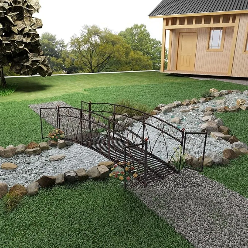 Puente de jardín de metal de 8 pies, con barandillas de seguridad circulares, puente de estanque para estanque, patio, puente de hierro para patio al aire libre