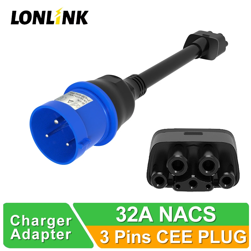 LONLINK For Tesla Model S,3,X,Y 3 pins blue CEE Adapter Gen 2 Ev charger Extension Cord Connector Tesla NEMA Adapter Gen 2