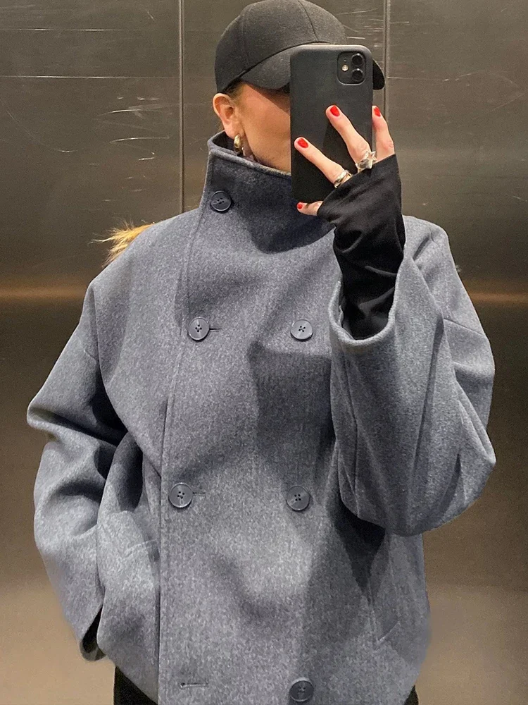 

Новинка 2024 года, шерстяная куртка с воротником-стойкой для женщин, осень-зима, двубортное пальто с длинными рукавами, женская уличная шикарная верхняя одежда