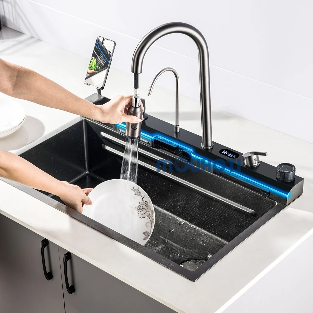 Motai Unique Products Black Fregadero Acero Inoxidable Smart Kitchen Sink Waterfall Sink Blue Led Light with Mobile Phone Holder