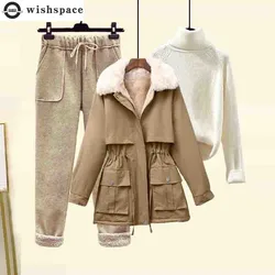 2022 inverno nuovo colletto di lana pieghettato Parka collo alto maglione lavorato a maglia pantaloni floccati tre pezzi eleganti pantaloni da donna Set