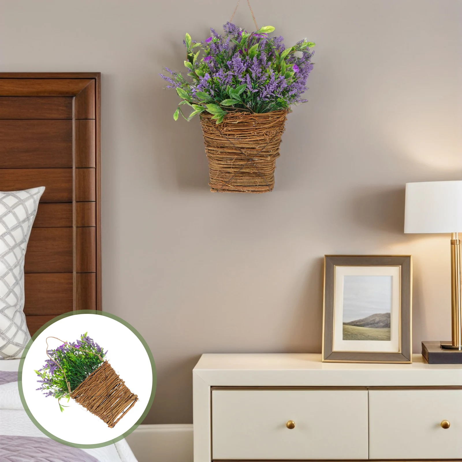 

Door Hanging Basket Artificial Wildflowers Rattan Wicker Basket Farmhouse Decor Front Door FloralDecoration