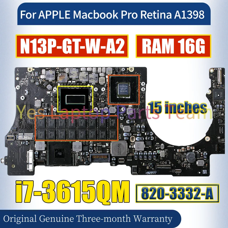 For APPLE Macbook Pro Retina 15 inches A1398 Laptop Motherboard SR0MP i7-3615QM N13P-GT-W-A2 RAM 16G Notebook Mainboard Test