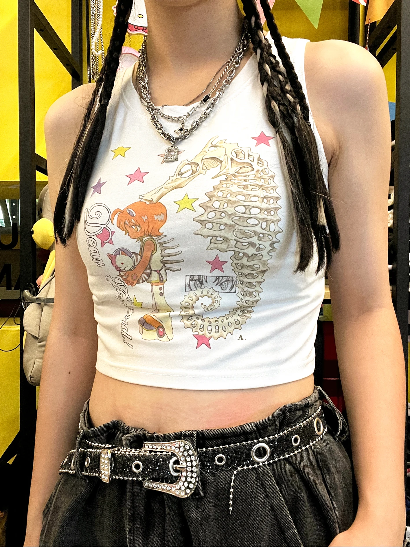 Shop Manager Recommended Wang Studio Skeleton Character Parody Fun Belly Button T-Shirt Vest Slim Fit Summer Fashion Item