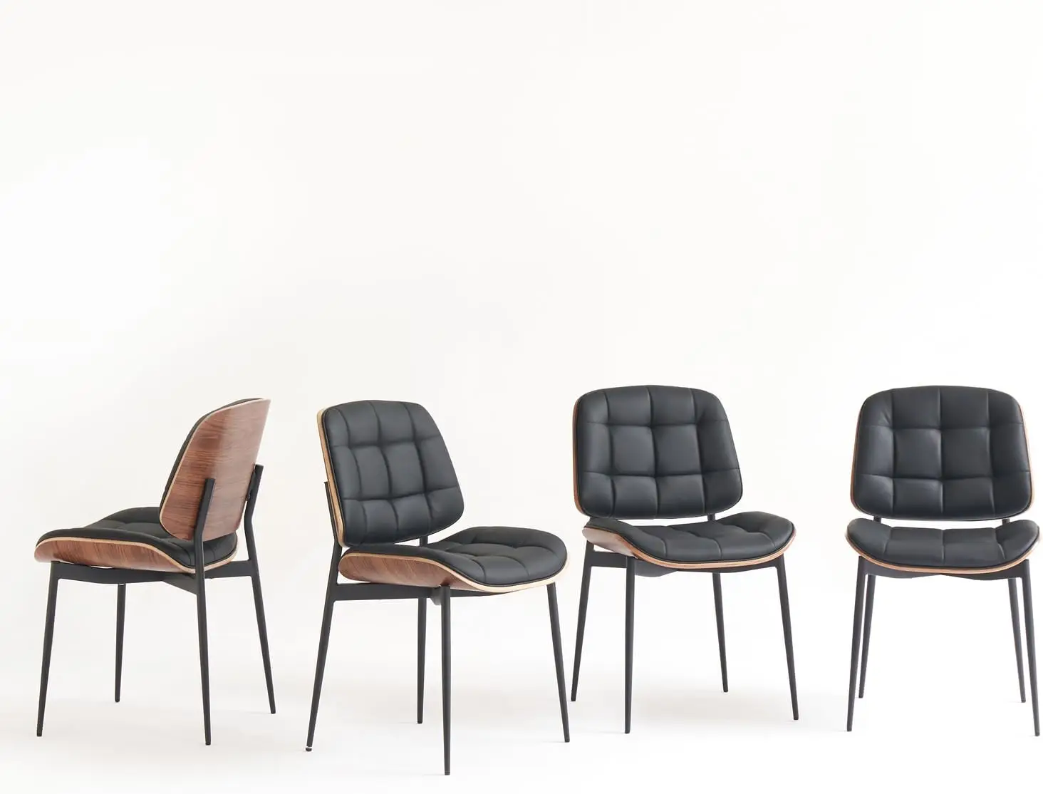 

Century Modern Dining Chairs with Walnut Grain Back, Black Faux Leather Dining Room Chairs Set of 4, Checkered Soft Cushion