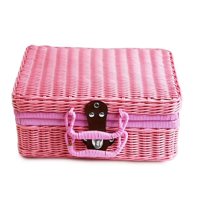 ABJS Retro Imitation Rattan Picnic Basket Woven Suitcase Hand Woven Photography Props Home Decoration Storage Pink
