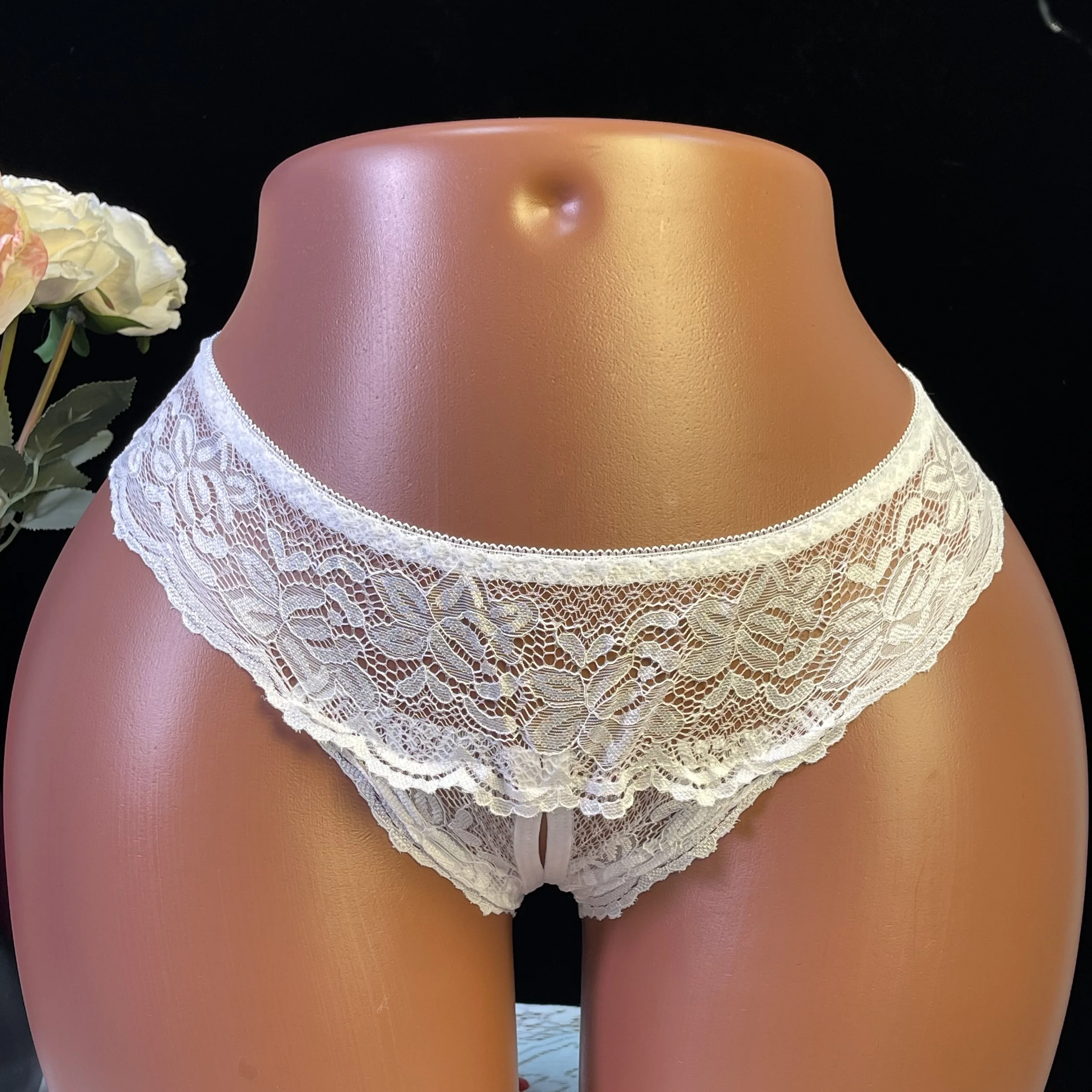 Low Waisted Erotic Costumes Women's Open Crotch Panties Transparent Crotchless Underwear Sexy Mesh Hollow Out Female Lingerie image 6