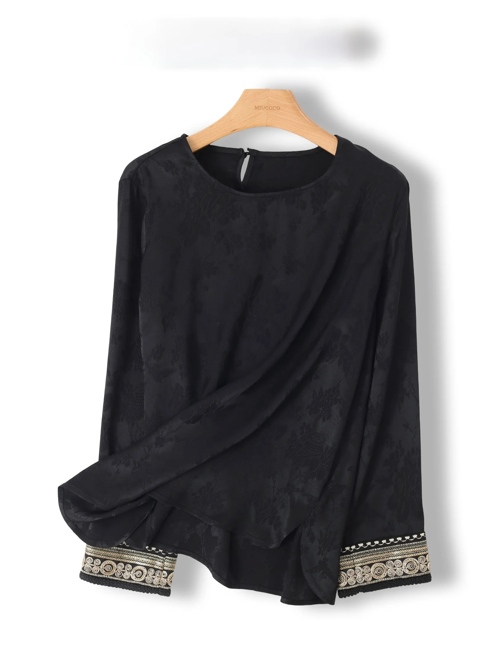 

Chinese Style Long Sleeve Embroidered Shirt Women Thin round Neck Base Shirt Trendy Traditional Heavy Work Floral Print Blouse