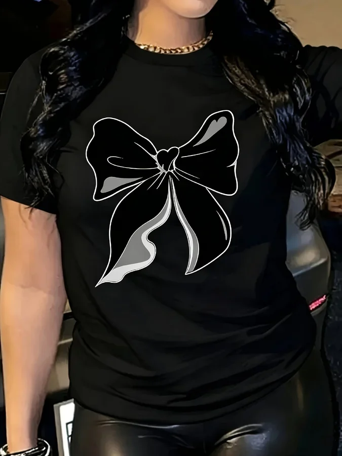 Gothic Black Bow Print T Shirt Women Dark Coquette Aesthetic Ribbon Graphic Tees Cyber Y2k Grunge Short Sleeve Casual Black Tops Clothing