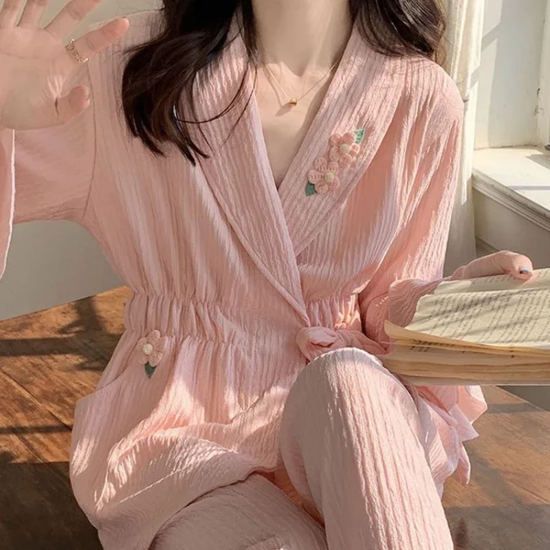 Autumn New Women Long-Sleeved Cotton Thin Pajamas Comfort and Casual Home Wear Loose Breathable Two-Piece Suit 2023