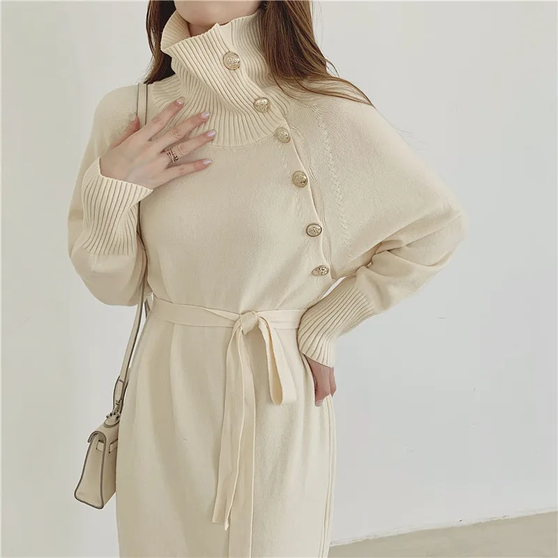 Coffee Chic Woolen Dress Women Turtleneck 2023 Winter Golden Button Long Sweater Dresses Autumn Lace-up Soft Knitwear Korean