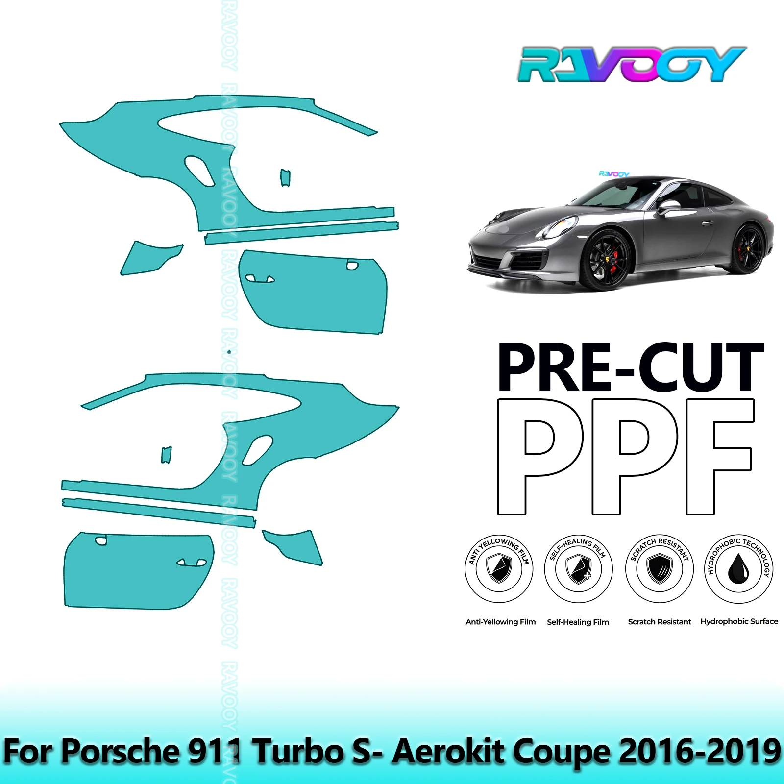 

For Porsche 911 Turbo S- Aerokit Coupe 2016-2019 8.5mil Pre-Cut PPF Door & A/B Pillar Kit TPU Paint Protection Film Set
