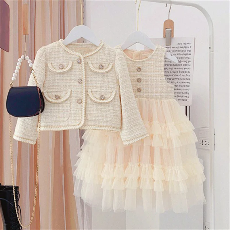 Girls Sweet Clothing Suit Kids Girl Princess Clothes Sets Spring Autumn Children Fashion Coat +Dress Vintage Outfits Suit 2-10Y