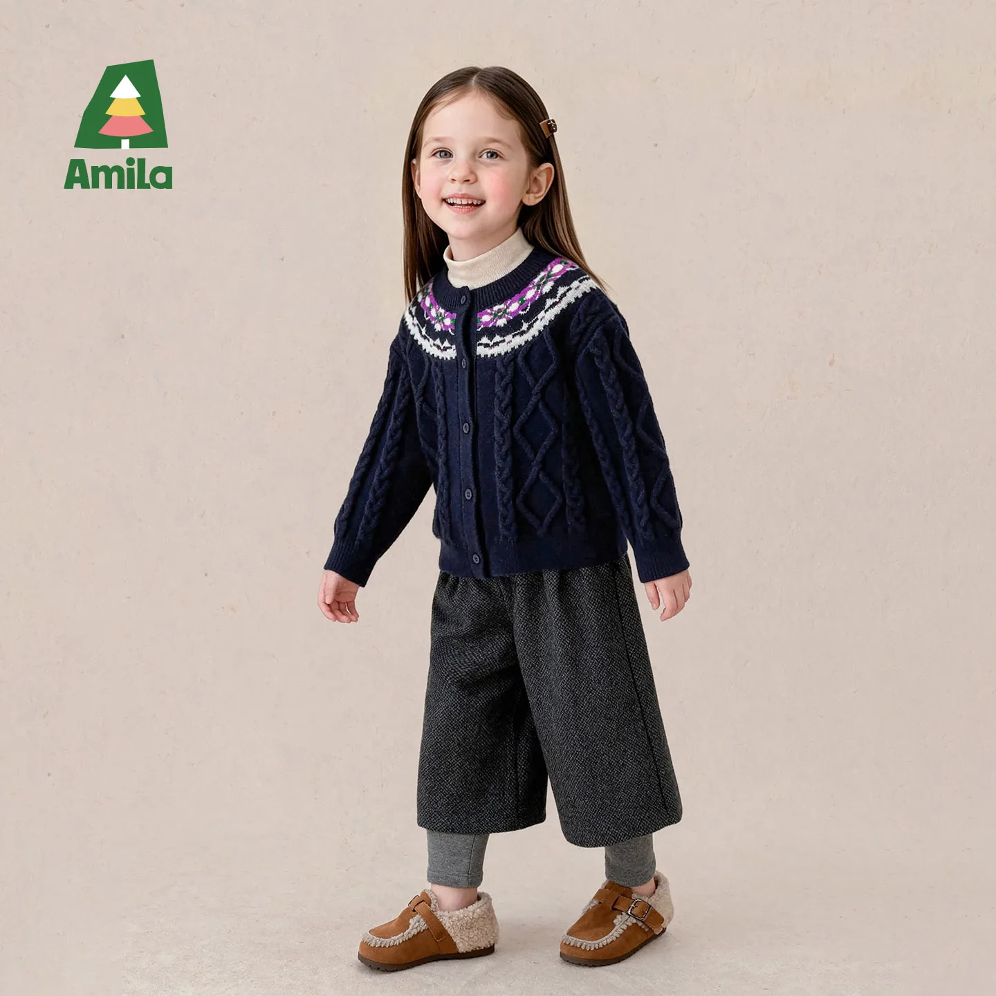 Amila 2026 Winter New Kids Cardigan Sweater Fair Isle Jacquard Vintage Warm Extra Soft Cozy Comfortable Daily Knitted Top