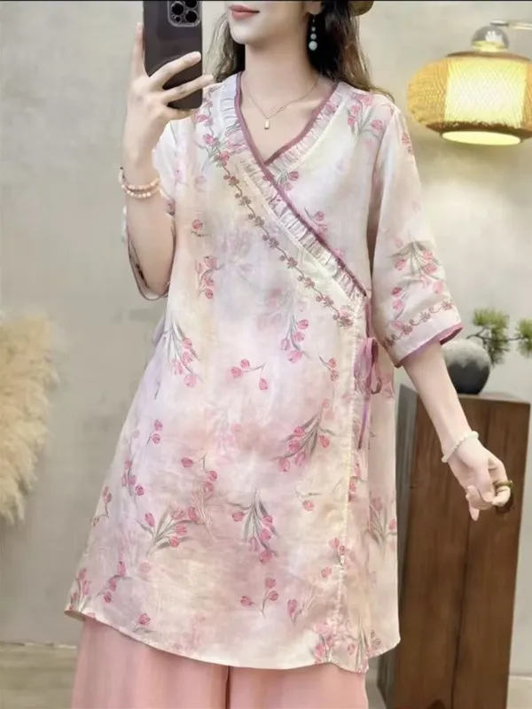 

New Chinese Sle Retro Cotton Linen Dr Women's Midi irt Summer 2025 Floral Embroidery V Ne Loose Fit Thin Material