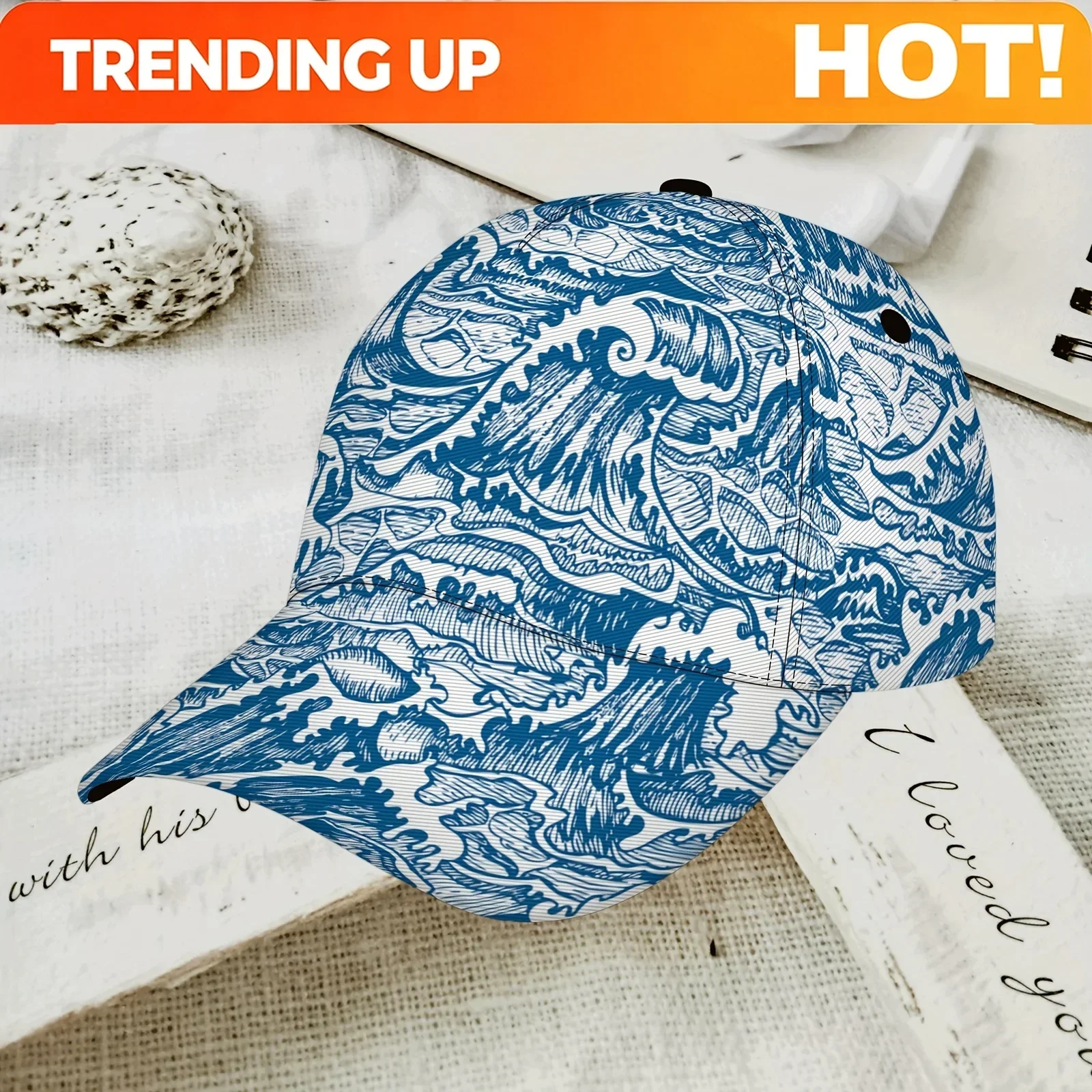 Custom Pattern With Hand Drawn Stylized Sea Waves Cap,Adjustable Snapback Lightweight Breathable Unisex Hat,Sun Hat