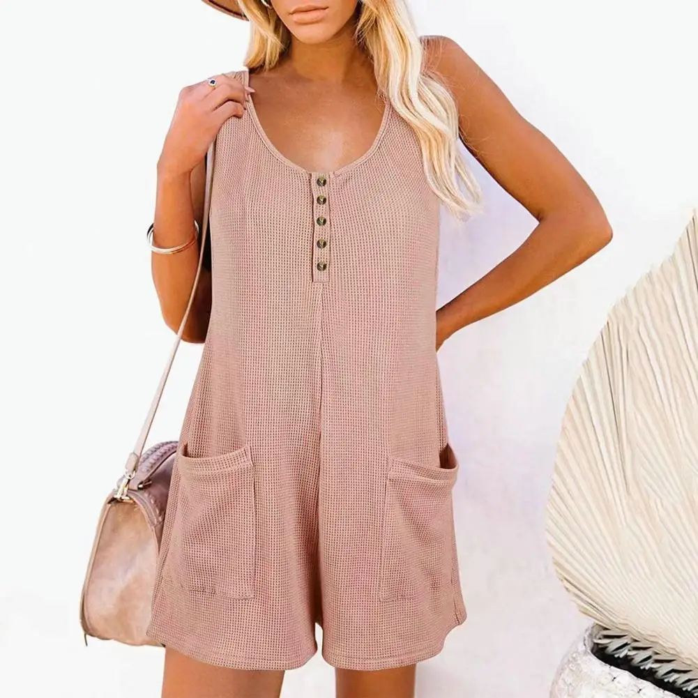 

Summer O-neck Sleeveless Vest Jumpsuit Buttons Decor Pockets Waffle Texture Thin Solid Color Wide Leg Short Playsuit Streetwear