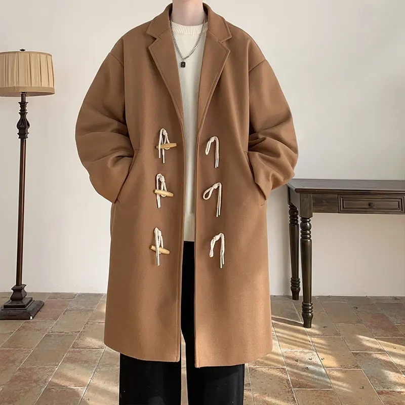 

Корейское мужское шерстяное пальто средней длины, утепленное, осеннее, модное, на пуговицах, ветровка, молодежная, стильная, повседневная верхняя одежда