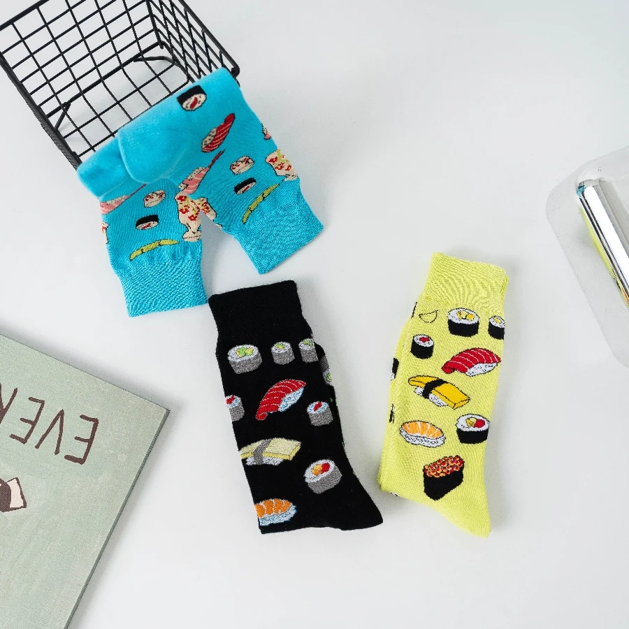 3 Pairs of New Sushi Pattern Men\'s Couple Cotton Socks Fashion Trend Tube Socks