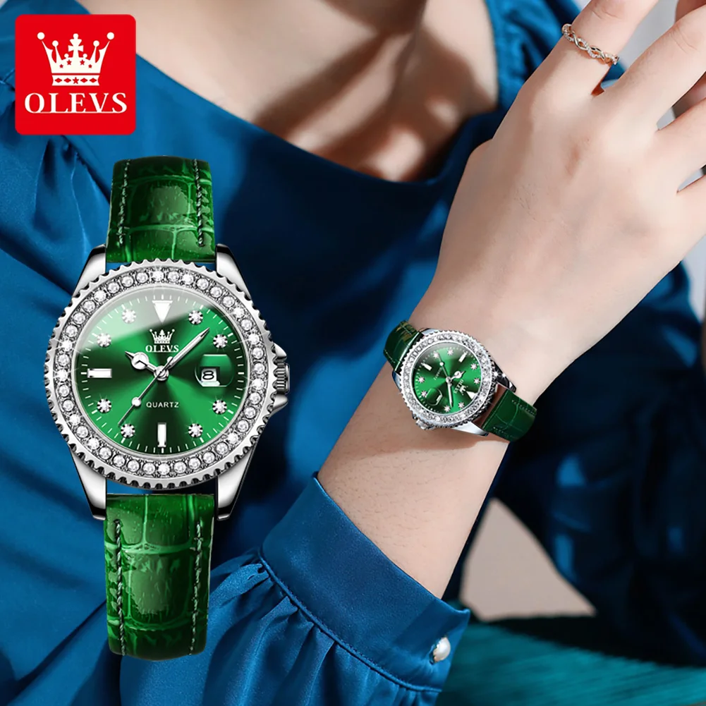 OLEVS New Luxury Diamond Quarzt Watch Women Fashion Green Leather Waterproof Luminous Calendar Watches Female Relogio Feminino